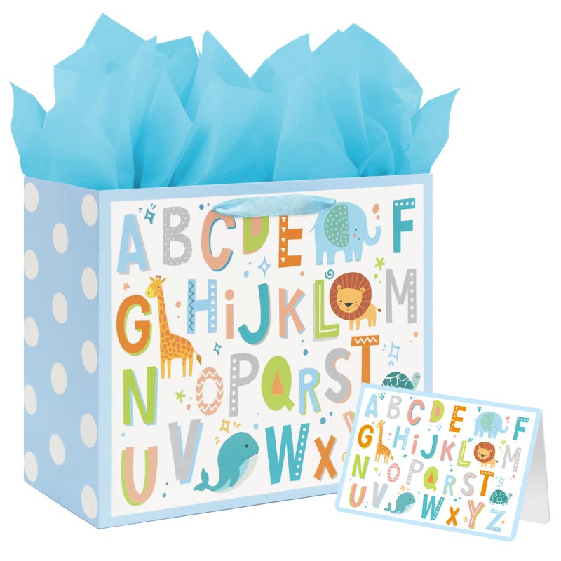 Laidans 13"" Large Baby Boy Gift Bag with Tissue Paper and Greeting Card for Baby Shower Birthday (ABC Alphabet Animal) - Image 1